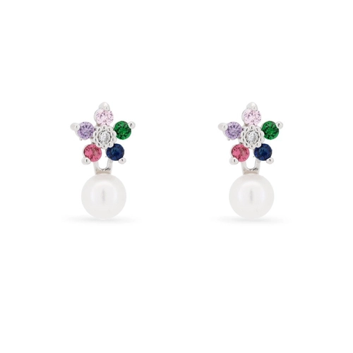 Brinco de Prata Flor com Zircônias Coloridas e Pérola Biwa