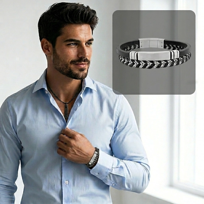 Bracelete Duplo Couro Preto Trançado com cabo Náutico e Placa Fosca