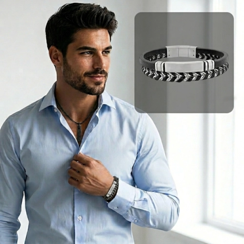 Bracelete Duplo Couro Preto Trançado com cabo Náutico e Placa Fosca