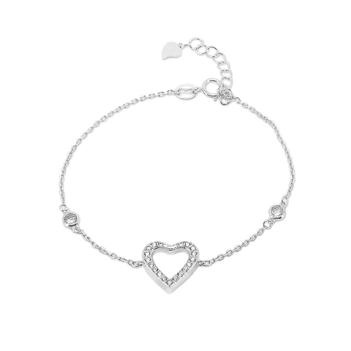 Pulseira de Prata com Elos Espelhados e Coração com Zircônia Cristal