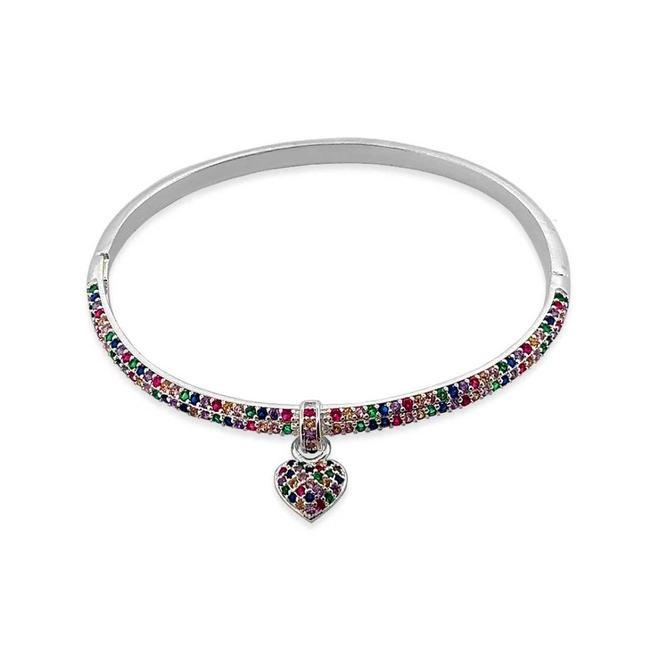 Bracelete Em Prata Leve Com Coração De Zircônia Colorida
