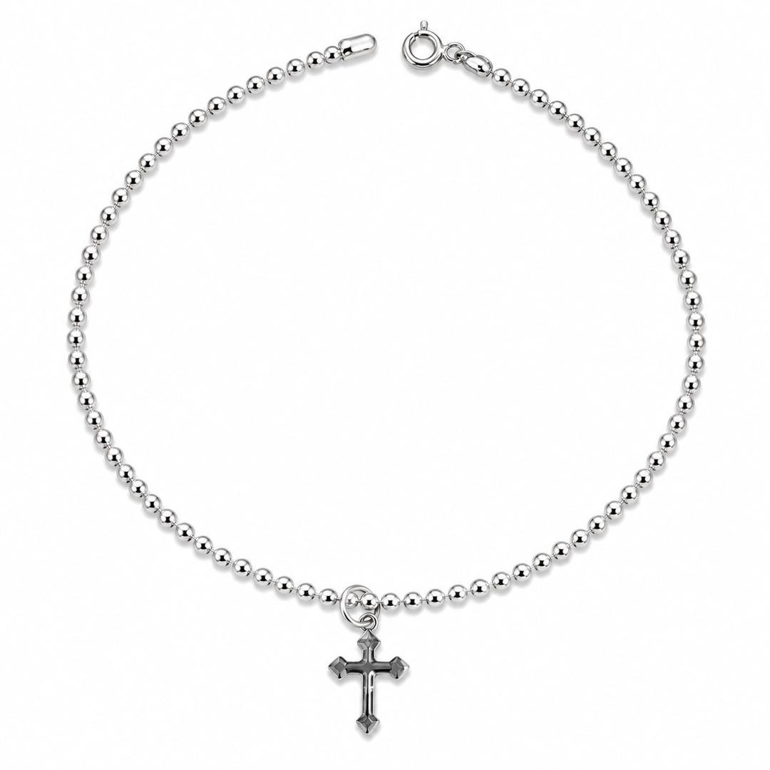 Tornozeleira de Esferas Diamantadas com Cruz