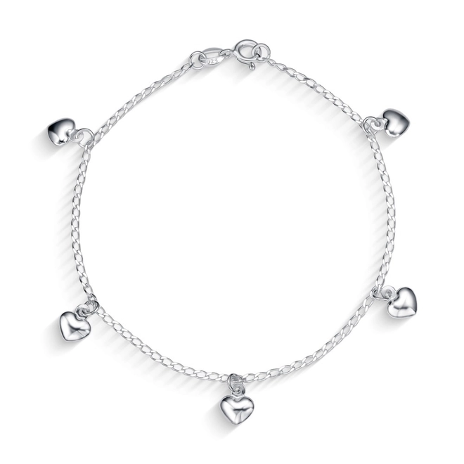 Pulseira de Prata Espelhada com Pingentes de Coração