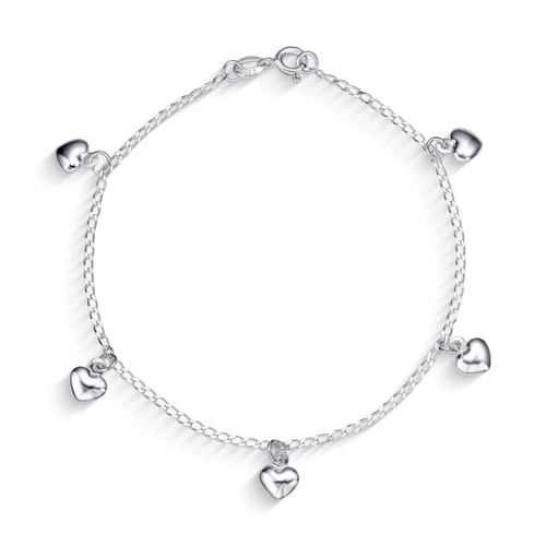Pulseira de Prata Espelhada com Pingentes de Coração