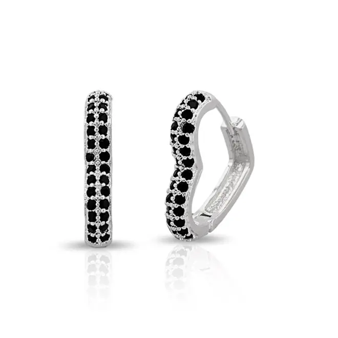Brinco De Prata Leve Argola Click Coração com Zircônia Ônix