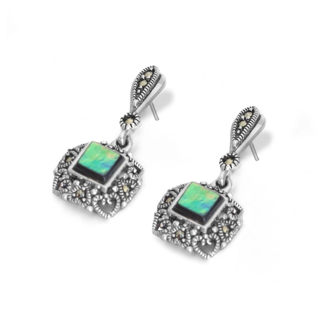 Brinco de Prata Balanço Abalone Quadrado com Marcassitas