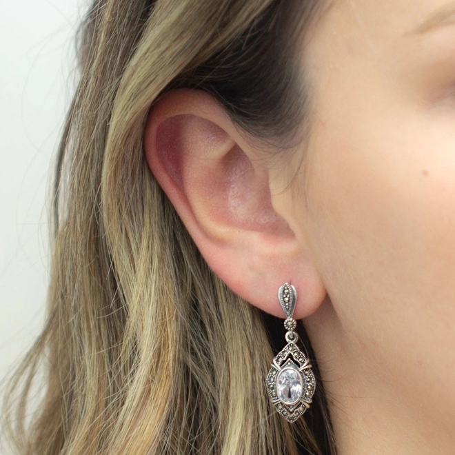 Brinco de Prata com Marcassita e Zircônia Cristal