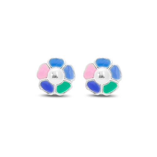 Brinco de Prata Infantil Top Flor Colorida e Esmaltada