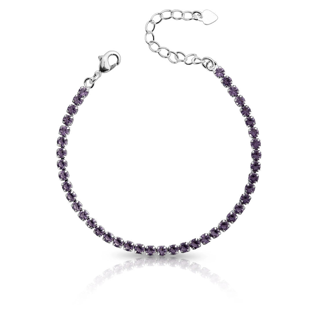 Pulseira de Prata Leve Riviéra com Zircônia Ametista Redonda