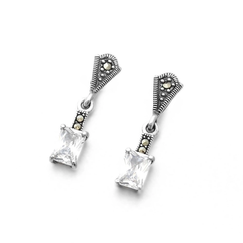 Brinco de Prata com Marcassita e Zircônia Cristal Retangular