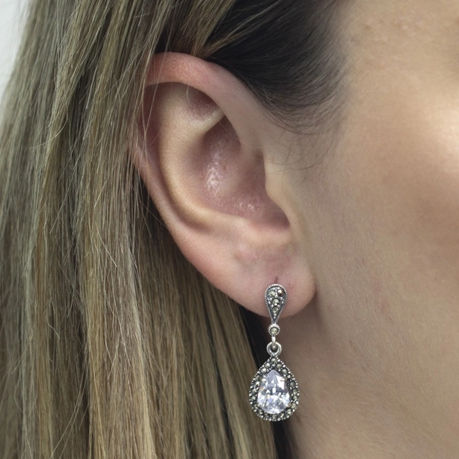 Brinco de Prata com Marcassita e Zircônia Cristal Gota