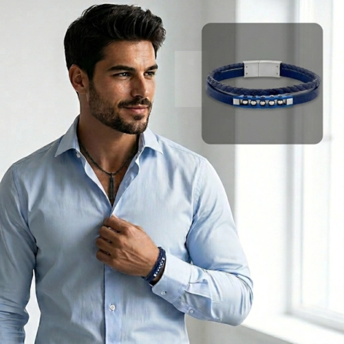 Bracelete com Dois Fios de Couro Azul e Placa
