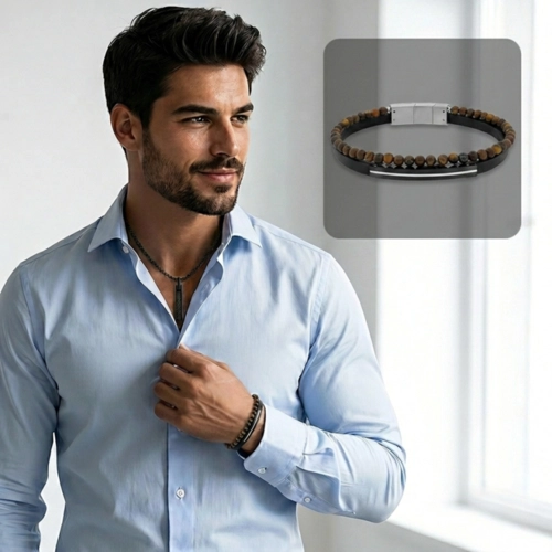 Bracelete Duplo Couro Preto com Placa Espelhada e Esferas