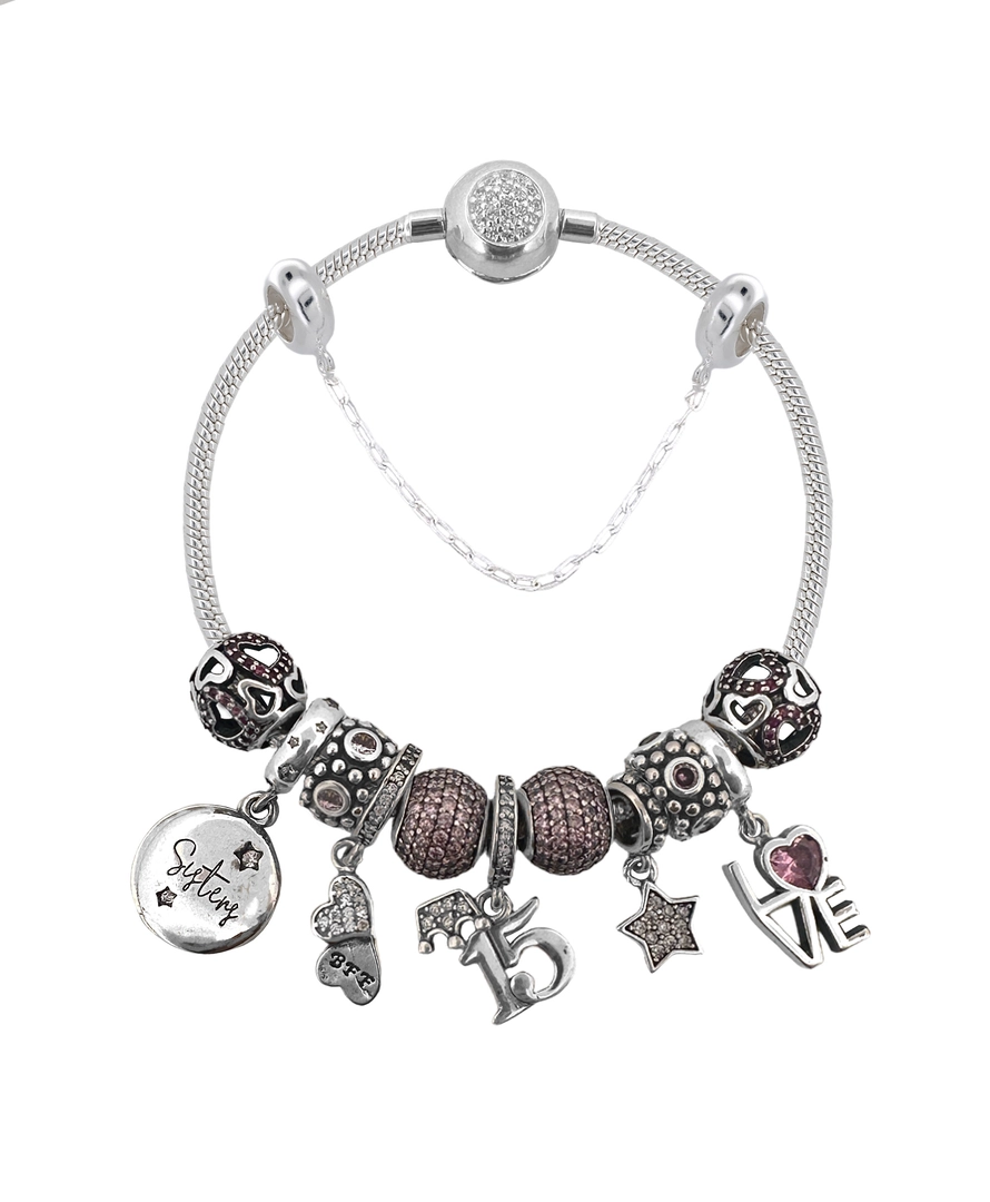Pulseira De Prata Com Berloques Rosa