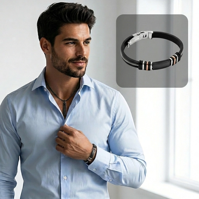 Bracelete com Cauciu e Cabo Náutico com Placa Carbonada e Pigmento Cobre