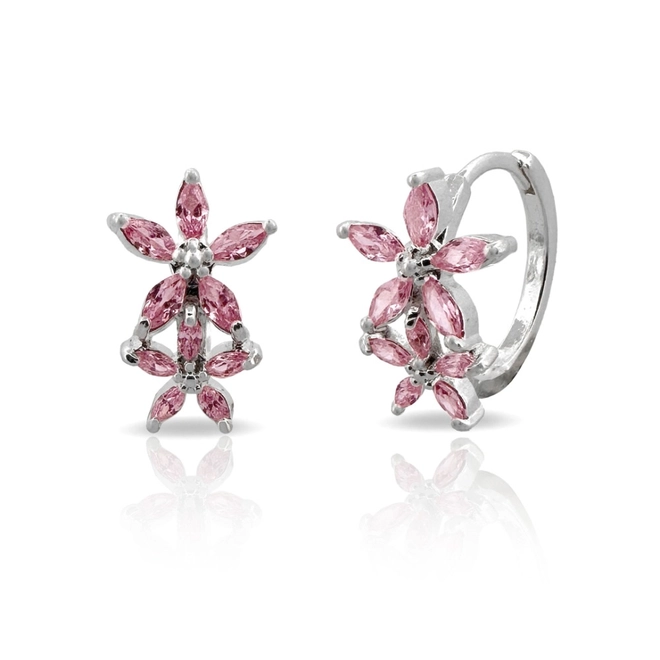 Brinco De Prata Leve Argola com Flor Dupla e Zircônia Rosa