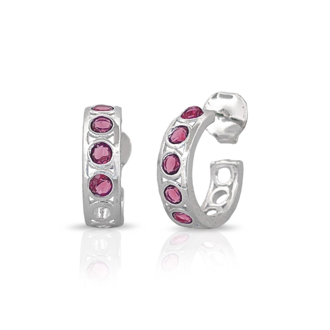 Brinco De Prata Leve Argola Vazada com Zircônias Rosa
