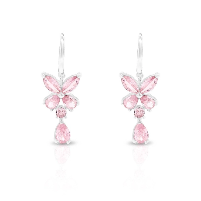 Brinco de Prata Leve Gancho Borboleta com  Zircônias Rosa