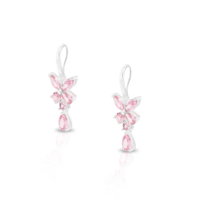 Brinco de Prata Leve Gancho Borboleta com  Zircônias Rosa