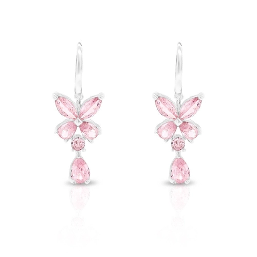 Brinco de Prata Leve Gancho Borboleta com  Zircônias Rosa