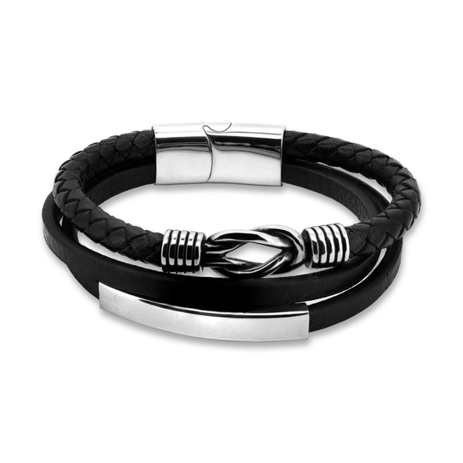 Bracelete de Aço Três Fios com Couro Preto e Placa