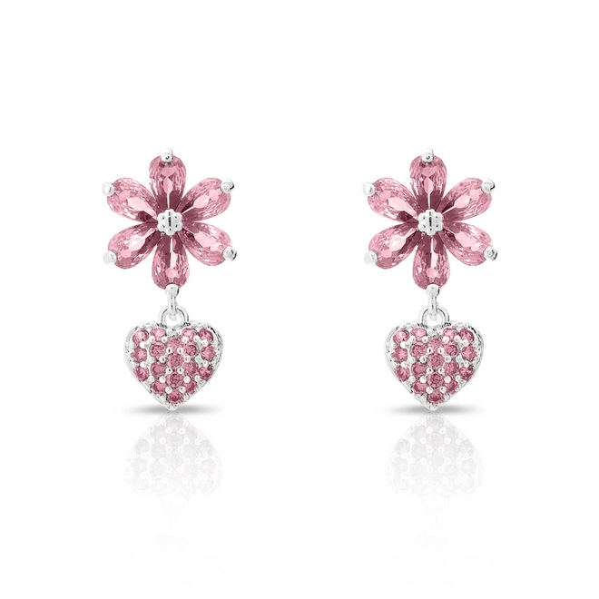 Brinco De Prata Leve Balanço Flor e Coração com Zircônias Rosa
