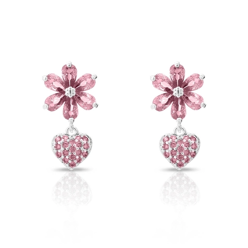 Brinco De Prata Leve Balanço Flor e Coração com Zircônias Rosa