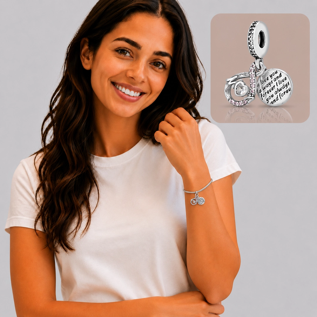 Berloque Duplo MOM com Zircônias Cristal e Rosa
