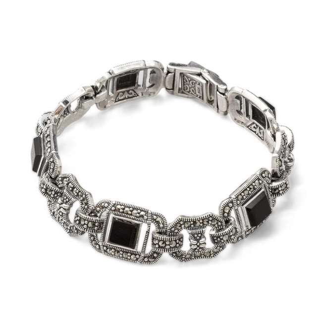 Pulseira de Prata com Resina Ônix Quadrada e Marcassitas