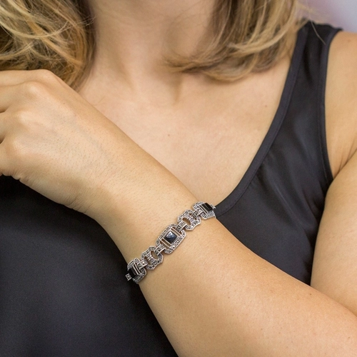 Pulseira de Prata com Resina Ônix Quadrada e Marcassitas