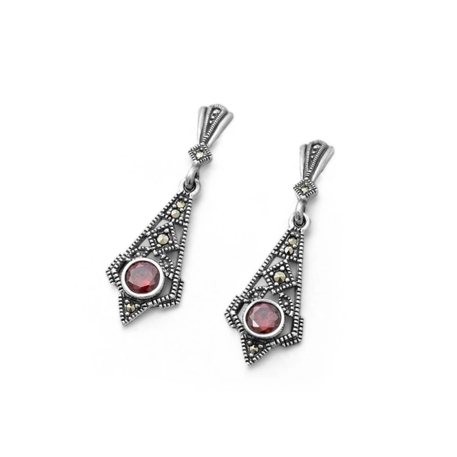 Brinco de Prata Balanço com Marcassita e Zircônia Rubi