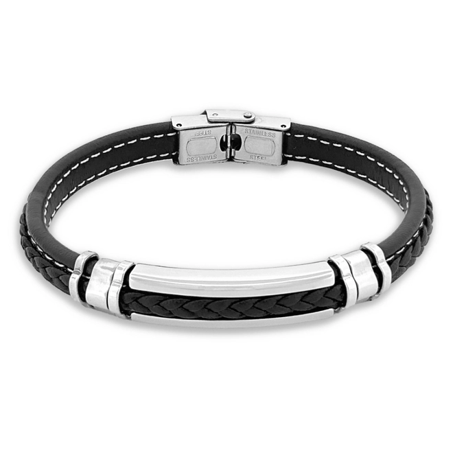 Pulseira com Couro Preto Trançado