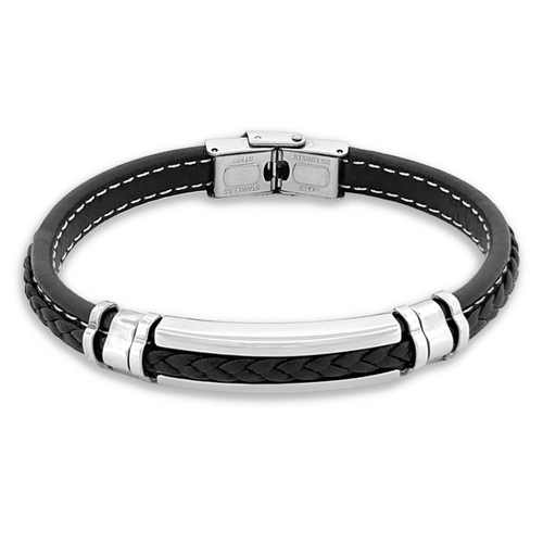 Pulseira com Couro Preto Trançado