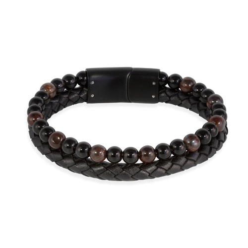 Pulseira com Couro Trançado e Esferas Olho de Tigre