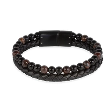 Pulseira com Couro Trançado e Esferas Olho de Tigre