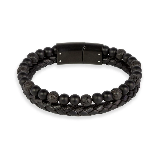 Pulseira Dupla com Couro Trançado e Shambalas Pretas