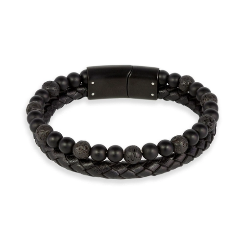 Pulseira Dupla com Couro Trançado e Shambalas Pretas