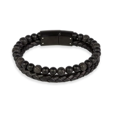 Pulseira Dupla com Couro Trançado e Shambalas Pretas