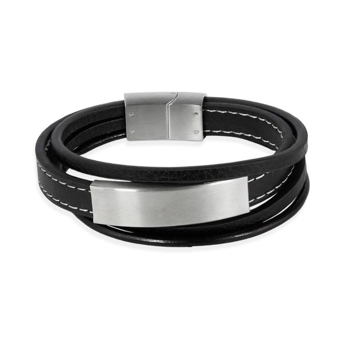 Pulseira Quatro Fios de Couro com Placa Espelhada