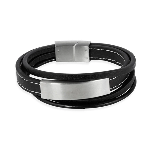 Pulseira Quatro Fios de Couro com Placa Espelhada