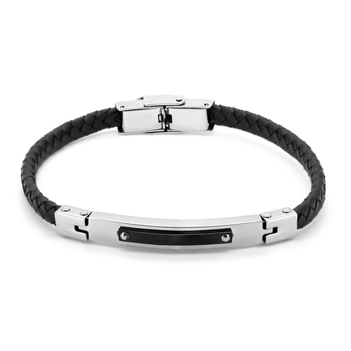 Pulseira em Couro Trançado com Placa de Fibra de Carbono