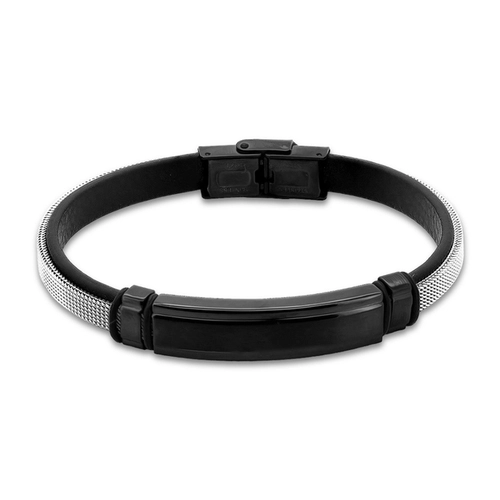 Bracelete de Aço com Couro Preto, Cabo Náutico e Placa Carbonada