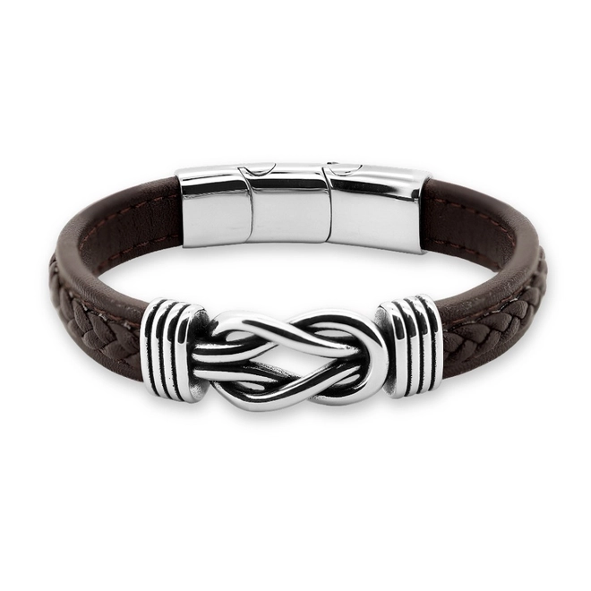 Bracelete De Aço Em Couro Marrom Trançado