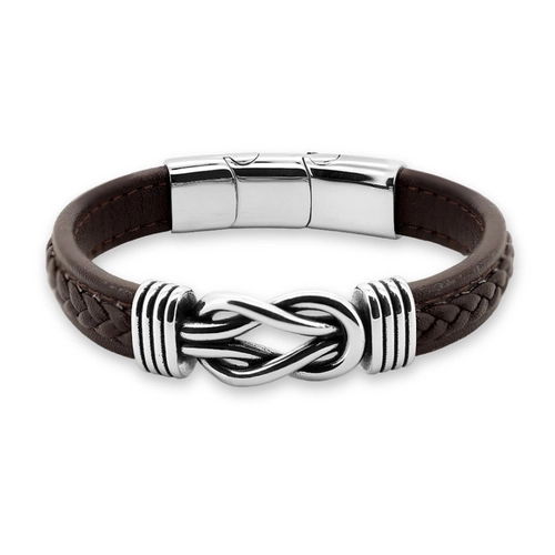 Bracelete De Aço Em Couro Marrom Trançado