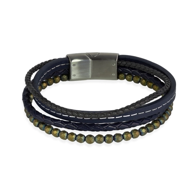 Pulseira Quatro Fios com Couro e Esferas Facetadas