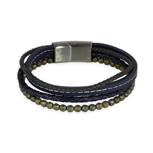 Pulseira Quatro Fios com Couro e Esferas Facetadas