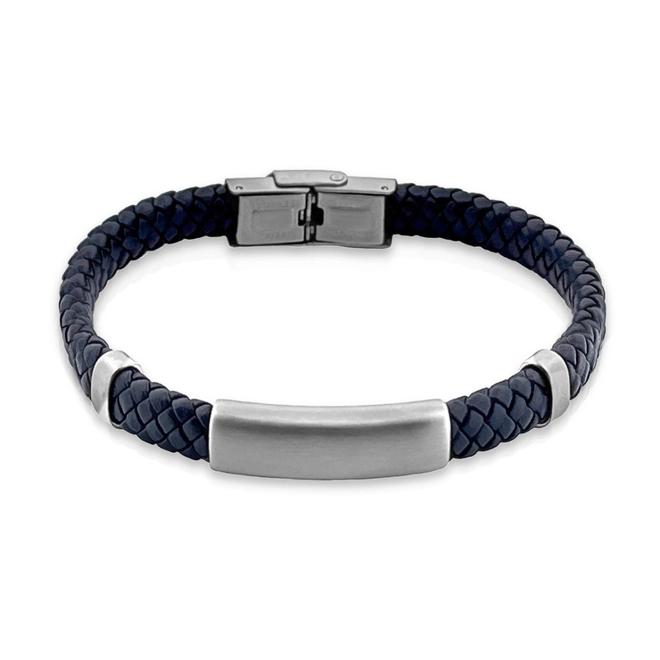 Pulseira com Couro Azul Trançado e Placa Fosca