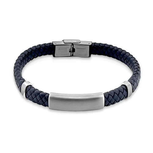 Pulseira com Couro Azul Trançado e Placa Fosca