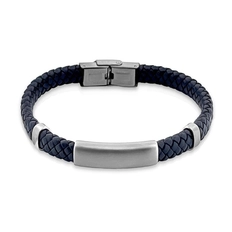 Pulseira com Couro Azul Trançado e Placa Fosca