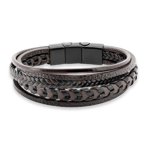 Bracelete De Aço Em Couro Marrom Com Cinco Fios Trançado